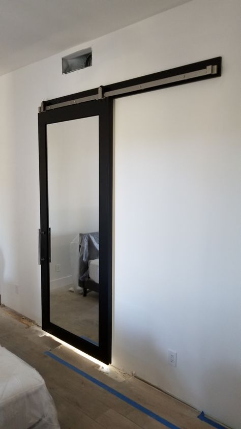 Barn Door Bedroom, Black Barn Door, Mirror Barn Door, Sliding Mirror Door, Door Bedroom, Sliding Mirror, Door Black, Black Barn, Crafts Room