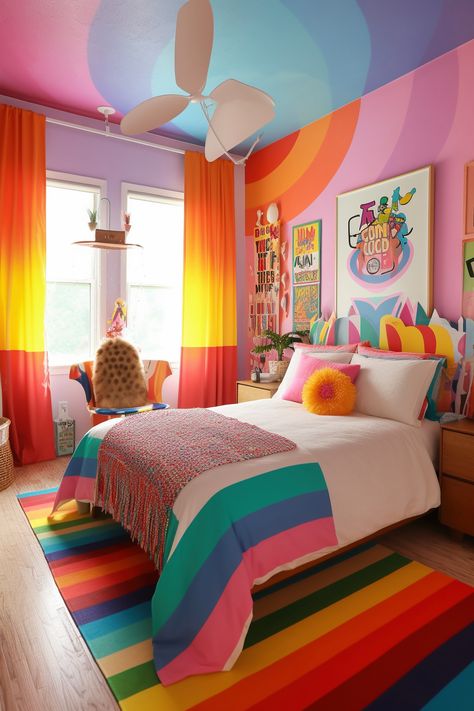 A bedroom bursting with Pride Parade energy! From the rainbow flag mural to the pride symbol patterns, it's a space that celebrates LGBTQ+ history and identity. Rainbow Theme Bedroom Ideas, Pride House Decor, Lgbtq Bedroom Ideas, Rainbow Aesthetic Room, Pride Bedroom Ideas, Rainbow Room Ideas, Lgbtq Room Ideas, Pride Bedroom, Pride Room Decor