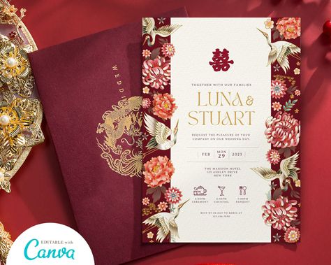 Chinese Engagement Invitation, Cny Design, Asian Christmas, Chinese Wedding Invitation Card, Design Undangan, Asian Wedding Invitations, Modern Invitation Design, Chinoiserie Wedding, Red Gold Wedding