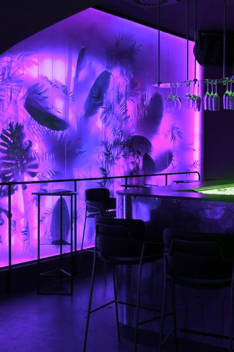 Purple Club Aesthetic, Cyberpunk Club, Cyberpunk Bar, Karaoke Aesthetic, Purple Bar, Ambience Decor, Night Club Dance, Neon Jungle, Purple Lighting