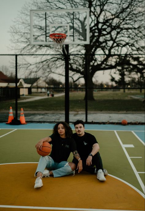 couple on basketball court Basketball Prenup Photo Ideas, Basketball Court Engagement Photos, Basketball Family Photoshoot, Couples Basketball Pictures, Sports Engagement Photos, Basketball Couple Pictures, Basketball Court Photoshoot, Basketball Photoshoot, Engagement Photos Unique