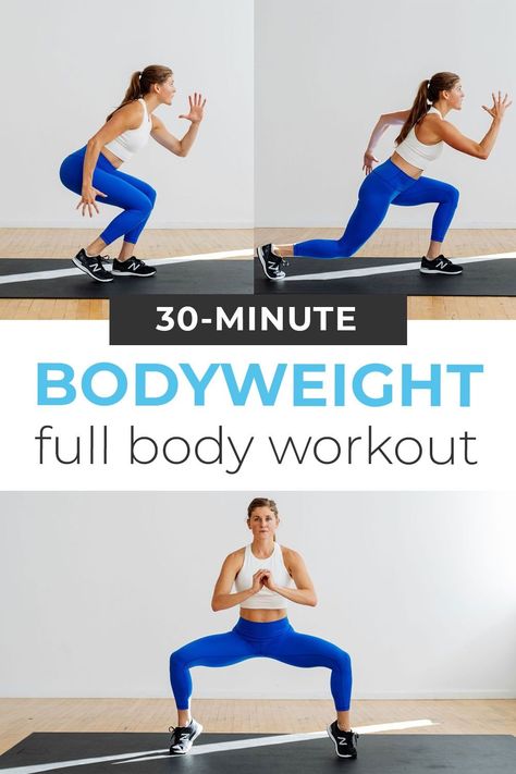 Burn fat and build muscle ANYWHERE with this challenging and effective FULL BODY BODYWEIGHT WORKOUT! This strength workout uses the resistance of your own body to build muscle in your arms, legs, back and core -- all in 30 minutes. This no equipment workout is perfect for taking on vacation or doing at home! 30 Minute Body Weight Workout At Home, Body Resistance Workout At Home, 30 Minute Workout At Home No Equipment, Body Weight Strength Training At Home, Bodyweight Full Body Workout, Full Body Workout No Weights, Bodyweight Strength Workout, No Weights Full Body Workout, Body Weight Workouts No Equipment