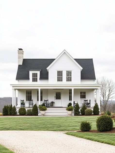 White Siding Black Roof, Black And White Brick House, All White Exterior House, All White House Exteriors, American Colonial House, All White House, Colonial House Interior Design, Colonial House Interior, White Exterior Houses