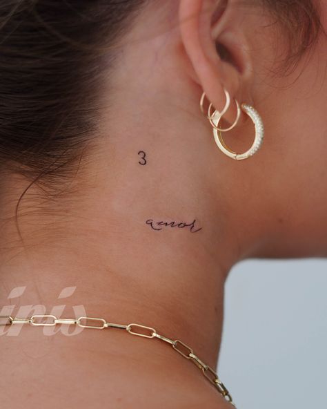 Neck tattoo, tiny tattoo, dainty, delicate, angel numbers, love, amor, luck Amor Tattoo Behind Ear, Amor Cursive Tattoo, Amor Neck Tattoo, Angel Neck Tattoos Women, Mon Amour Tattoo, Love Neck Tattoo, Amor Tattoo Fonts Words, Delicate Neck Tattoo, Dainty Angel Tattoo