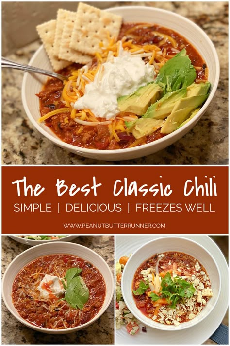 A recipe for the best classic chili! A basic mix of ground beef, onions, tomatoes, beans and spices that's chock full of depth and flavor. Hearty, comforting and so simple to prepare! The Best Classic Chili Recipe, Chili Beans Recipe Easy, Chili Bowl Recipe, The Best Classic Chili, Simple Chili Recipe, Old Fashioned Chili Recipe, Runner Recipes, Best Chilli, Classic Chili Recipe