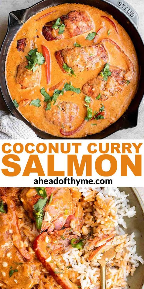 Coconut Curry Salmon Coconut Dill Salmon, Gluten Free Dairy Free Thai Recipes, Thai Basil Salmon, Thai Curry Salmon, Salmon In Coconut Milk, Dairy Free Seafood Recipes, Salmon Coconut Curry, Thai Salmon Recipes, Salmon Curry Recipes Coconut Milk