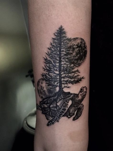 Turtle Moon Tattoo, Tree Moon, Turtle Tattoo Designs, Tattoo Dotwork, Turtle Tattoo, Wolf Tattoos, Wolf Tattoo, Tree Tattoo, Blackwork Tattoo