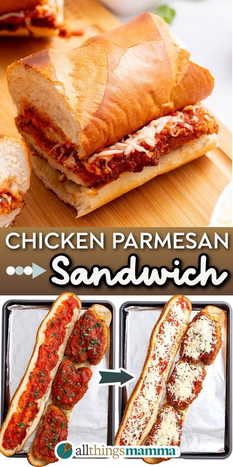 Chicken Parmesan Sandwich sitting on a cutting board. steps to make Chicken Parmesan Sandwich Chicken Parm Subs Sandwiches, Chicken Parmesan Hoagie, Chicken Parmesan Panini, Parm Chicken Sandwich, Hot Baguette Sandwich, Chicken Parmesan Sandwich Recipe Easy, Parmasean Chicken Sandwich, Chicken Park Sandwich, French Bread Chicken Sandwich