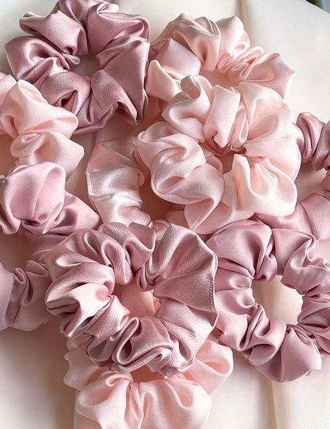 Spring Scrunchies, Easter Minimalist, Satin Aesthetic, Pink Satin Scrunchie, Scrunchie Business, Bridesmaid Scrunchie, Bachelorette Party Hair, Barbie Bachelorette, Pink Scrunchie