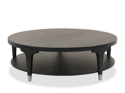 The Chapman Cocktail Table combines a shapely Art Deco silhouette with Pine Veneers in a Charred Black finish. This marriage of an ancient Japanese technique to achieve the look of burnt wood with a classic shape and hand-hammered metal ferrules creates a rustic yet timeless design. One fixed shelf. | Hooker Chapman Round 18" High Cocktail Table in Black | Mathis Home Round Centre Table, Hamptons Style Interior, Gentlemen Style, Round Cocktail Tables, Burnt Wood, Centre Table, Hamptons Style, Hooker Furniture, Hammered Metal