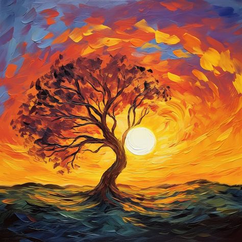 On this artistic canvas, the mastery of acrylic brushstrokes brings the sunset sky to life, transforming it into a symphony of red, black, and orange hues. Amid this vibrant swirl of colors, a tree stands tall, like a guardian of nature, reaching skyward. Everything in this painting exudes an aura of mystery, as if nature is unveiling its secrets at sunset. A touch of blue in the sky adds a hint of hope to this moment of sunset, suggesting that even in the darkest moments, there is room for light. In this painting, viewers can see not only the beauty of nature but also an invitation to contemplation. It embodies solitude, not in the sense of isolation, but more as a path to self-discovery and the wisdom of life. This work of art prompts reflection on the eternity of nature and time, its po Sunset Behind Trees, Trees And Sky Painting, Sky And Tree Painting, Sunset Tree Painting, Orange Painting Acrylic, Orange Sunset Painting, Sunset Painting Acrylic, Sunset Tattoos, Art Alevel