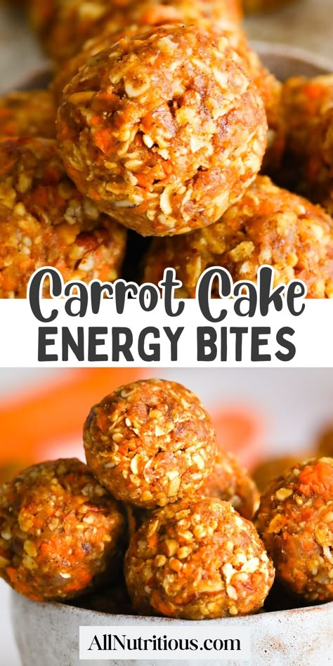 Our Carrot Cake Energy Bites recipe is not only a scrumptious treat, but also a healthy snack idea alternative to traditional snacks. This gluten-free recipe is easy to make and perfect for busy people on-the-go. Get ready to indulge in a deliciously guilt-free snack that's sure to become your new obsession! Enjoy this oatmeal recipe! Nutritious Desserts, Pan Dishes, Camping Snacks, Energy Bites Recipes, Baked Carrots, Vegan Snack, Low Calorie Snacks, Gluten Free Snacks, Healthy Sweets Recipes