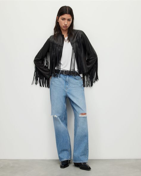 Reema Fringed Leather Tassel Jacket Black | ALLSAINTS US Outsidelands Outfit, Fringe Jacket Outfit, Tassel Jacket, Jackets Summer, Fringe Leather Jacket, Leather Jacket Outfits, Fringe Jacket, Jacket Outfit, Black Leather Jacket