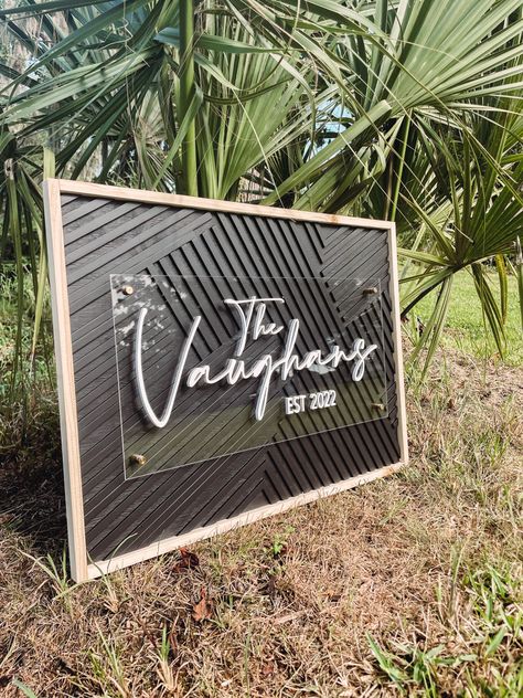 Modern wood art with acrylic standoff and family name. Perfect for wedding signage Wood Sign Last Name, Acrylic Family Name Sign, Wood And Acrylic Wedding Sign, Acrylic Wood Sign, Laser Engraved Business Sign, Wood Slat Sign, Wood Acrylic Sign, Outside Business Signs, Diy Family Sign