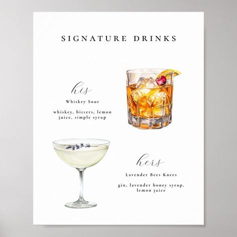 Signature Drinks Wedding Cocktails Bar Poster Sign. Features, Whiskey Sour and Lavender Cocktails. Gin And Tonic Wedding Drink, Rustic Wedding Signature Cocktail, Cocktail List Wedding, Fun Wedding Cocktails, Signature Drink Signage, His And Her Cocktails Wedding, His And Hers Cocktails Wedding, Wedding Specialty Cocktails, Wedding Drinks Cocktails