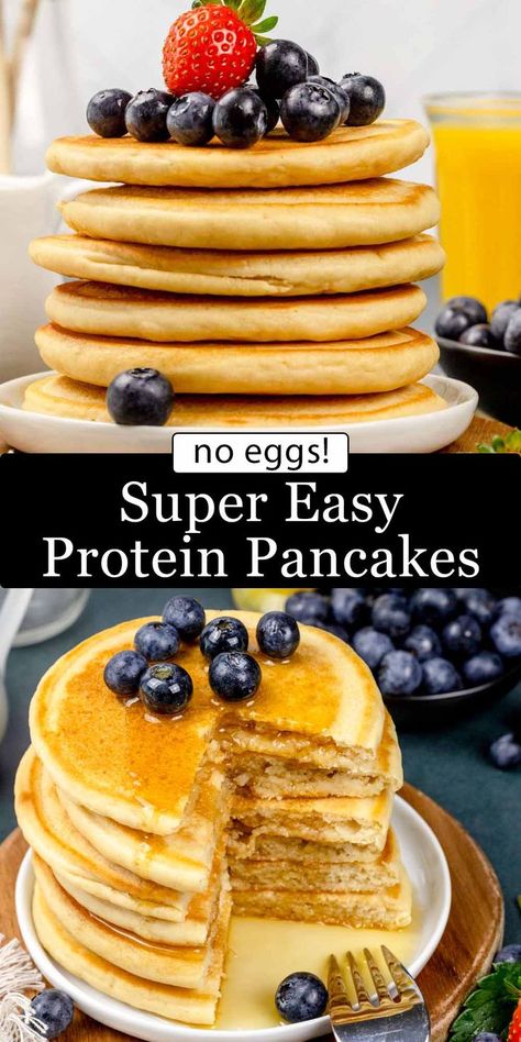 A pile of protein pancakes is on a white plate with fresh strawberries and blueberries all over. Protein Pancakes With Protein Powder, Pancakes With Protein Powder, Pancakes With Protein, Best Protein Pancakes, Pancakes Simple, Gluten Free Protein Pancakes, Breakfast For Busy Mornings, Vegan Protein Pancakes, Easy Protein Pancakes