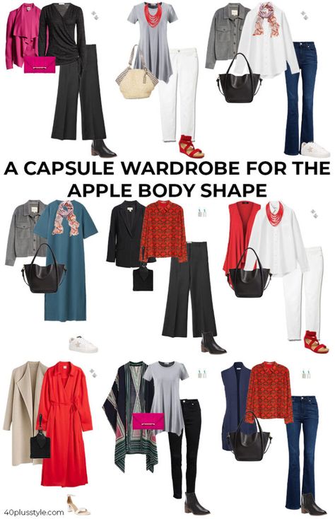 Tummy Hiding Capsule Wardrobe, Jacket For Apple Shape For Women, Apple Capsule Wardrobe, Wardrobe For Apple Shape Body Types, Capsule Wardrobe Plus Size Over 50, Capsule Wardrobe For Apple Shaped Women, Capsule Wardrobe Apple Body Shape, Apple Shape Capsule Wardrobe, Business Casual Apple Shape