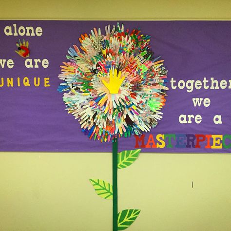 Alone We are unique...together we are a masterpiece.. Separate smaller flowers for each homeroom for the schoolwide bulletin board. I Am Unique Bulletin Board, Chrysanthemum Bulletin Board, Hand Print Bulletin Board Ideas, Schoolwide Bulletin Board Ideas, Together Bulletin Board Ideas, Inclusion Bulletin Board Ideas, Better Together Bulletin Board, Together We Are A Masterpiece, Get Together Ideas