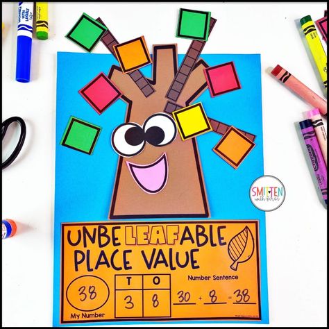 Halloween Math Centers First Grade, 1st Grade Place Value Anchor Chart, 1st Grade Place Value Activities, Fall Place Value Craft, Fall Math Craft 2nd Grade, 2nd Grade Math Projects, Fall Math Crafts For First Grade, Place Value Anchor Chart 2nd Grade, Fall Crafts 2nd Grade