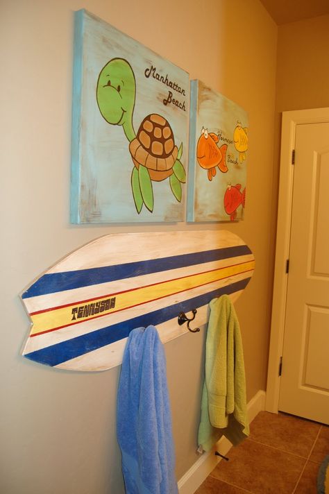 Remodelaholic | Surfboard Decor, Perfect for a Beach House! Surf Bathroom, Kids Bathroom Themes, Shark Room, Toallero Ideas, Surf Room, Surfboard Decor, Kids Shower Curtain, Bathroom Themes, Boys Bathroom