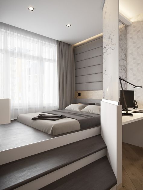 The simplicity of a studio apartment is beautiful in and of itself. Whether an artist's bed is hidden away behind a curtain or a modern, urban couple isn't afra Minimalist Bedroom Design, Kraf Diy, For Home, Hus Inspiration, Modern Bedroom Design, Remodel Bedroom, Settee, Minimalist Bedroom, Bed Room