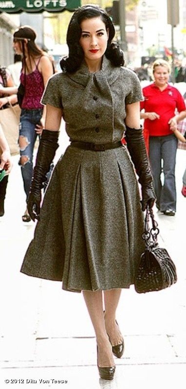 Modern vintage fashion icon wool dress full skirt tweed grey brown Dita Von Teese - Please like http://www.facebook.com/RagDollMagazine and follow @RagDollMagBlog @priscillacita Mad Men Dresses, Dresses 50s, Mode Retro, Lady Like, Robes Vintage, Vintage Dresses 50s, Look Retro, Dita Von, Retro Mode