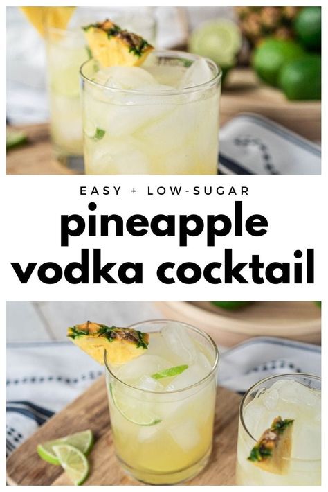 Need a cocktail that feels like something special without being too fussy? This beachy pineapple vodka cocktail has you covered. It's basically a vodka soda, but with a bit of extra pizzaz from pineapple juice and fresh lime juice. You'll love it because it's refreshing, low in sugar, and SO easy to make. #chelseadishes #vodkacocktails #sparklingwatercocktails #lacroixcocktails #summercocktails #beachdrink #lowsugarcocktails Pineapple Juice Alcoholic Drink, Vodka Cocktails With Pineapple Juice, Fresh Pineapple Drinks Alcohol, Squirt Drink Cocktail Recipes, Pineapple Soda Cocktail, Fresh Vodka Cocktails, Drinks With Pineapple Vodka, Pineapple And Vodka Drinks, Vodka Soda With Lime