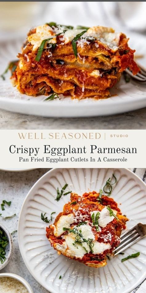 This cheesy, layered Eggplant Parmesan casserole with crispy, pan fried eggplant, homemade marinara (store-bought is fine), fresh basil, and lots of Parmesan and mozzarella cheeses is the ultimate comfort meal! Make-ahead and freezer-friendly, and easily adaptable to be gluten-free.#wellseasonedstudio #eggplantparmesan #eggplant #eggplantparm #friedeggplant Healthy Eggplant Parmesan, Eggplant Parmesan Casserole, Cheesy Eggplant, Pan Fried Eggplant, Eggplant Parmesan Recipe, Chinese Chicken Salad Recipe, Healthy Eggplant, Eggplant Recipes Easy, Eggplant Caponata