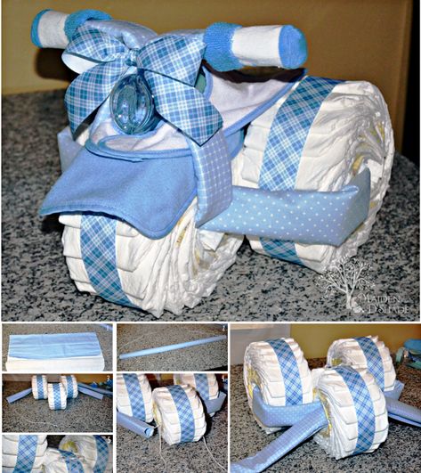 Cake For Baby Boy, Creative Baby Gifts, Diaper Tricycle, Baby Shower Gifts To Make, Perlengkapan Bayi Diy, Diaper Cake Instructions, Cake For Baby, Diy Diaper Cake, Diaper Gifts