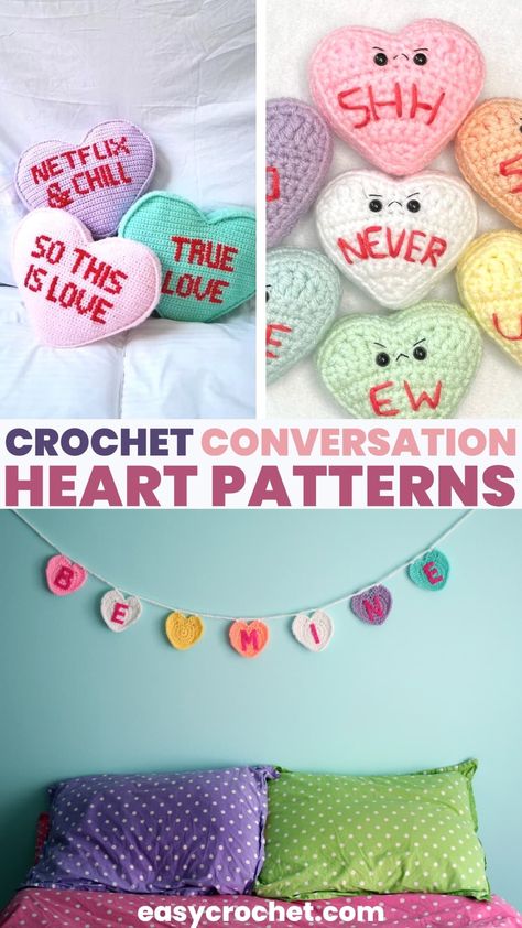 Candy Heart Crochet Pattern, Crochet Conversation Hearts, Valentine’s Crochet, Valentines Crochet Patterns Free, Crochet Candy Heart, Candy Heart Crochet, Weird Crochet, Crochet Spring Patterns, Bucket Hat Designs