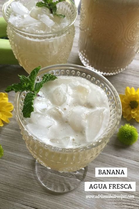 Refreshing and sweet banana agua fresca made with ripen bananas, turbinado sugar, fresh mint and purified water. Perfect for a snack or pairing with a favorite meal.  via @ABRecipes Banana Agua Fresca Recipe, Banana Agua Fresca, Blended Coffee Drinks, Fiesta Recipes, Fun Drink Recipe, Southwestern Recipes, Turbinado Sugar, Drink Recipes Nonalcoholic, Easy Drink Recipes