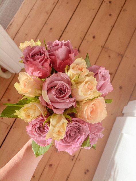 Pink and yellow, favourite colours. #roses Pink And Yellow Tea Party, Pink Yellow White Flower Arrangement, Pink And Yellow Roses Bouquet, Yellow And Pink Corsage, Pink And Yellow Floral Arrangements, Pink And Yellow Flower Arrangements, Yellow And Pink Bouquet, Pink And Yellow Wedding Theme, Bride Bouquet Pink