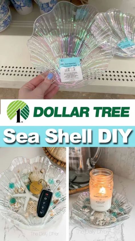 Dollar Tree sea shell tray DIY Dollar Tree Beach Decor Diy Bathroom, Diy Ocean Bathroom Decor, Beach Crafts For Adults Diy, Dollar Tree Ocean Decor, Dollar Tree Mermaid Decor, Seashell Centerpieces Diy, Mermaid Dollar Tree Diy Decor, Beach Theme Centerpieces Dollar Stores, Dollar Tree Shell Wreath