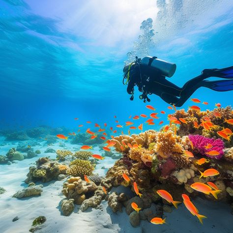 "Underwater Diving Adventure: A solitary diver explores the vibrant underwater world teeming with colorful fish and coral reefs. #underwater #scuba #diver #coral #reef #oceanlife #marinelife #adventure ⬇️ Download and 📝 Prompt 👉 https://stockcake.com/i/underwater-diving-adventure_174613_29572" Free Diving Aesthetic, Scuba Diving Aesthetic, Diving Aesthetic, Scuba Diving Photography, Book City, Underwater Diving, Underwater Fish, Orange Fish, Ocean Fishing