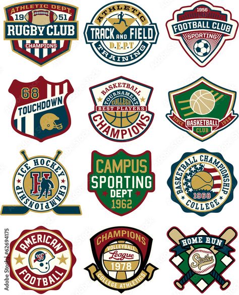 Varsity Badges, Antique Logo, Whimsical Logo, Logos Retro, Sports Badge, Custom Embroidered Patches, Pola Bordir, Retro Logos, Badge Design