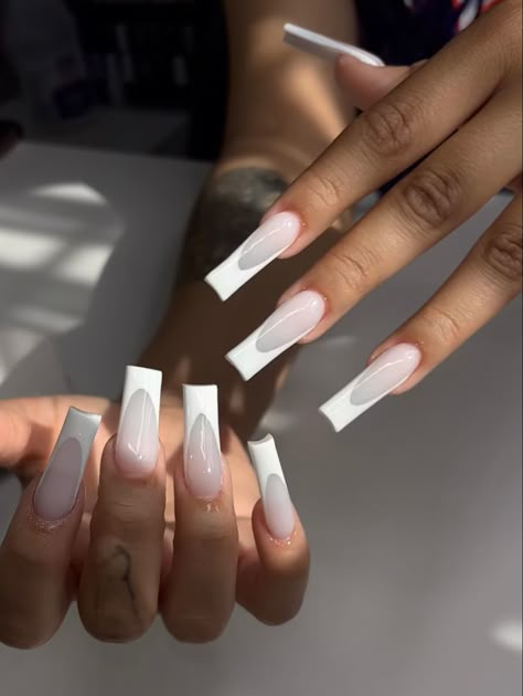 Straight Acrylic Nails Long, Grey With White Tip Nails, White On White French Manicure Long, White On White Acrylic Nails, Clear White French Tip Nails, Off White Acrylics, Grey And White French Tip Nails, Long Tip Nails, Nails White On White