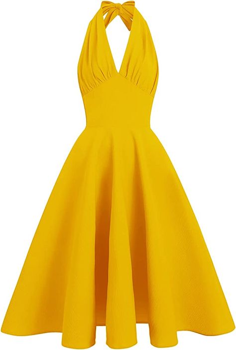 Yellow 1950s Dress, Backless Yellow Dress, 1950s Halter Dress, Yellow Summer Halter Dress, 50s Dresses Vintage, Yellow Outfits For Women, Yellow Dress Aesthetic, Ingenue Romantic, Yellow Halter Dress