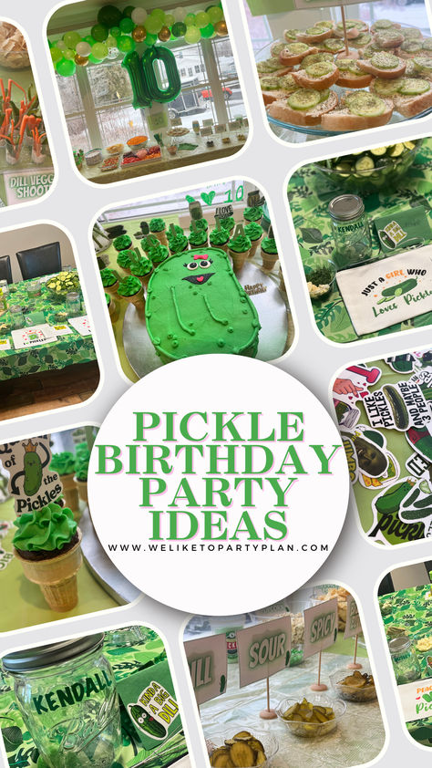 Get in a pickle and celebrate turning 10 with a dill-ightful pickle party! From pickled flavored foods to homemade pickles in personalized jars, this party is a pickle lover's dream come true. Don't forget the pickle cake for a quirky and delicious twist. Perfect for a unique and memorable birthday celebration! #PickleParty #BirthdayCelebration #bigdill #picklecake #picklefood #picklefavors #weliketoparty #partysupplies #diy Pickle Party Favors, Pickle Shaped Cake, One Big Dill Birthday, Pickle Tray Ideas Parties, Dill Pickle Birthday Party, Pickle Party Food, Pickle Birthday Cakes, Pickle Party Ideas, Pickle Party Decorations