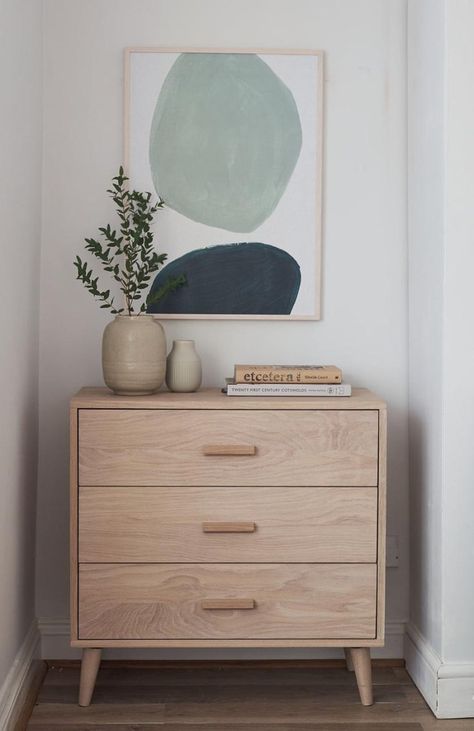 Compact, minimalist oak storage from Urbansize | 15 of the best simple, Scandinavian-style chests of drawers | These Four Walls blog Scandi Chest Of Drawers Bedroom, Small Dresser Styling, Scandi Bedroom Furniture, Scandinavian Bedroom Wall Decor, Office Chest Of Drawers, Drawer Unit Bedroom, Chest If Drawers Ideas, Oak Chest Of Drawers Bedroom, Styling Chest Of Drawers Bedroom