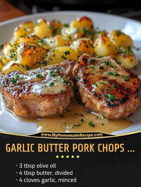 Mediterranean Kitchen Recipes | Garlic Butter Pork Chops with Cheesy Potato Bake | Facebook Thick Pork Chop Recipe, Garlic Butter Pork Chops, Butter Pork Chops, Potato Bake Recipe, Cheesy Potato Bake, Bone In Pork Chops, Gordon Ramsay Recipe, Pork Chops And Potatoes, Pork Chop Recipes Baked