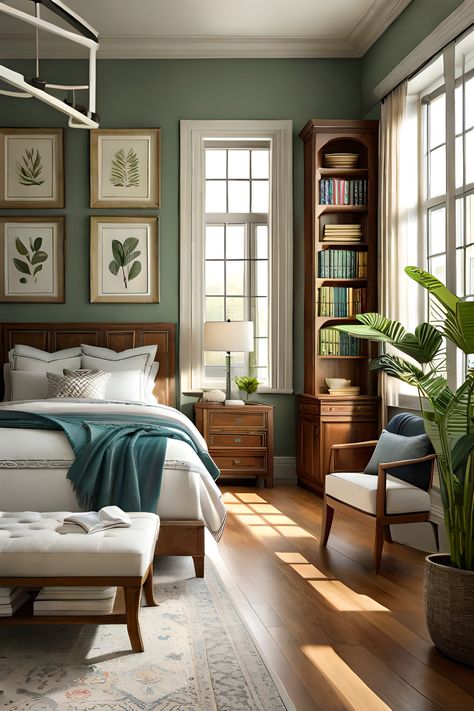 How to Decorate a Bedroom for a Bibliophile Bedroom Interior Styles, World Of Interiors Bedroom, Bookcase In Master, Benjamin Moore Paint Palette Color Combinations, Colorful Bedroom Interior Design, Green Cozy Bedroom Ideas, Book In Bedroom, Traditional Interior Design Style Bedroom, British Regency Interior Design