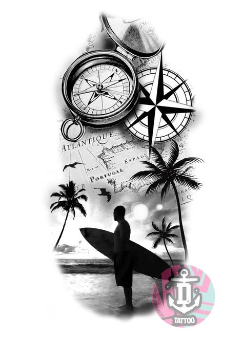 Surf beach compass palm tree tattoo design Compass Palm Tree Tattoo Design, Palm Tree Compass Tattoo, Palm Tattoo Design, Palm Tree Tattoo Stencil, Palm Trees Tattoo Design, Palm Tree Sleeve, Beach Tattoo Design, Map Tattoo Design, Palm Tree Tattoo Design