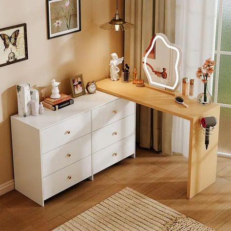 Wood Modern Corner Makeup Vanity Table,Gift for Girls and Women - Yellow - Bed Bath & Beyond - 40493390 Corner Makeup Vanity, Vanity Desk With Mirror, Desk With Mirror, Makeup Vanity Table, Bathroom Vanity Top, Mirrored Vanity Desk, Vanity Benches, Makeup Table Vanity, Sideboard Storage Cabinet