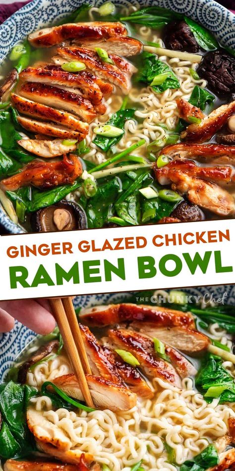 This Ginger Glazed Chicken Ramen recipe is ready in less than an hour, and tastes like you spent hours slaving over it!  Rich broth, sweet and savory chicken, and classic noodles... perfect Asian-style comfort food! #ramen #ramenrecipe #chicken #asian #easyrecipe #weeknightrecipe #ramennoodles Chicken Ramen Bowl, Ginger Glazed Chicken, Chicken Ramen Recipe, Ramen Dinner, Koreansk Mat, Ramen Recipes Easy, Chicken Ramen, Ramen Recipe, Glazed Chicken