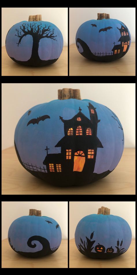 Halloween Scene Painted Pumpkin, Painted Pumpkin Haunted House, Night Sky Pumpkin Painting, Haunted House Painted Pumpkins, Sunset Pumpkin Painting, Ombre Pumpkin Painting, Acrylic Painted Pumpkins, Hand Painted Pumpkins Diy, Haunted House Pumpkin Painting