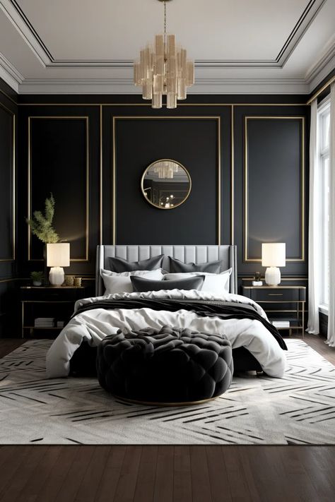 100+ Classic Black and White Bedroom Ideas Rich Bedroom Aesthetic, Cozy Cute Bedroom, Black Interior Design Bedroom, Luxury Master Bedrooms Decor, Classic Luxury Bedroom, Black And Gold Bedroom, Beds Black, Black And White Bedroom Ideas, Black Walls Bedroom