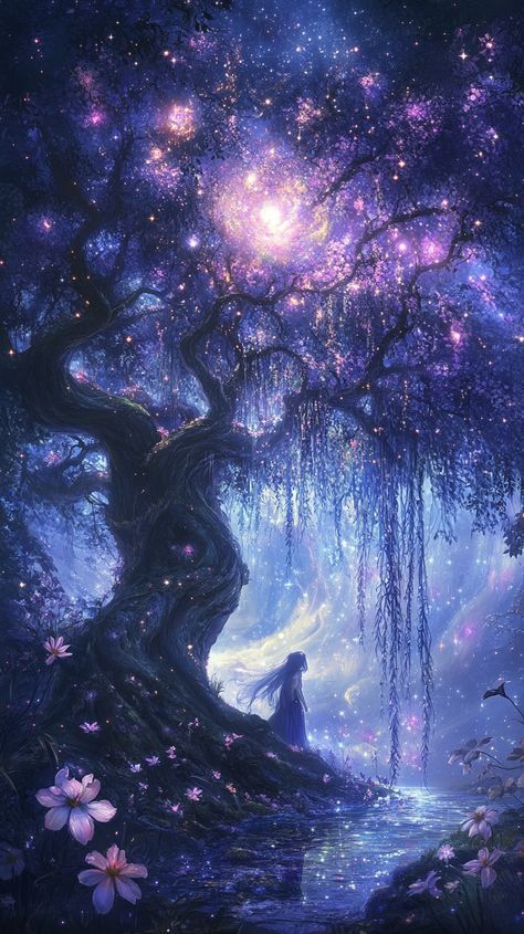 A magical forest where giant flowers bloom under a swirling galaxy, and glowing fairies dance around an ancient, weeping willow tree. Colors shift like dreams in twilight. Magical Willow Tree, Dancing Fairies, Fest Ideas, Weeping Willow Tree, Fairies Dancing, Fairy Forest, Mystical Forest, Weeping Willow, Giant Flowers