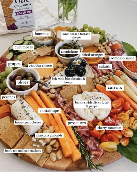 Goat Cheese Charcuterie, Oat Crackers, Honey Carrots, Charcuterie Board Meats, Romesco Sauce, Snack Platter, Charcuterie Inspiration, Party Food Platters, Charcuterie And Cheese Board