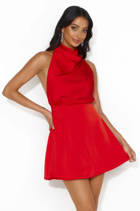 Embrace your romantic side with the Romantic Location Satin Halter Mini Dress. Featuring a silky silhouette with a halterneck tie and flowy skirt. Style with heels for a sultry 'fit. Mini Dress Red, Skirt Zipper, Long Bodycon Dress, Skirt Style, Halter Mini Dress, Mini Dresses Summer, Flowy Skirt, Sequin Mini Dress, Long Sleeve Bodycon Dress