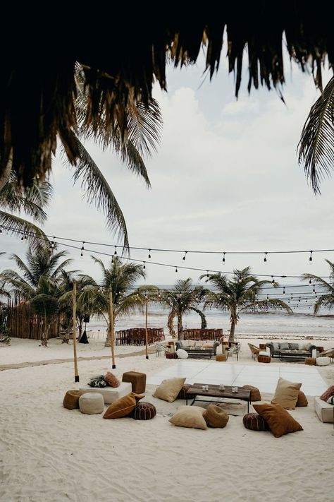 Boho Beach Wedding Seating, Beach Wedding Lounge Area, Beach Wedding Tulum, Tulum Event Decor, Beach Set Design, Tulum Wedding Decor, Beach Event Decor, Tulum Beach Party, Beach Wedding Set Up